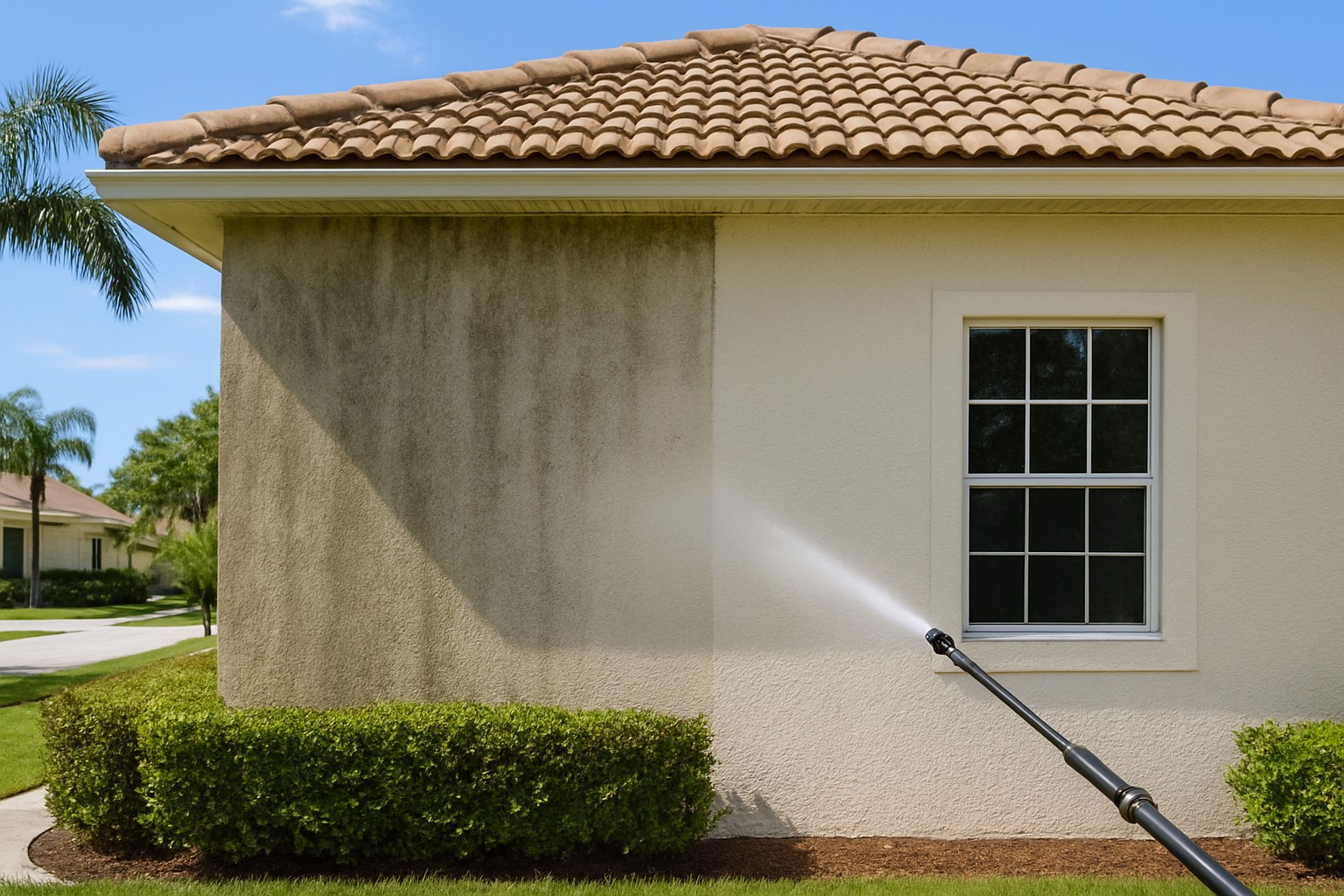 A partially pressure-washed house exterior in Estero, showing a clear contrast between clean and dirty sections.