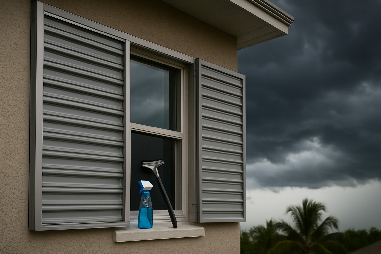 Close-up of a residential window with storm shutters partially closed, showing cleaning equipment and a stormy sky in the background.