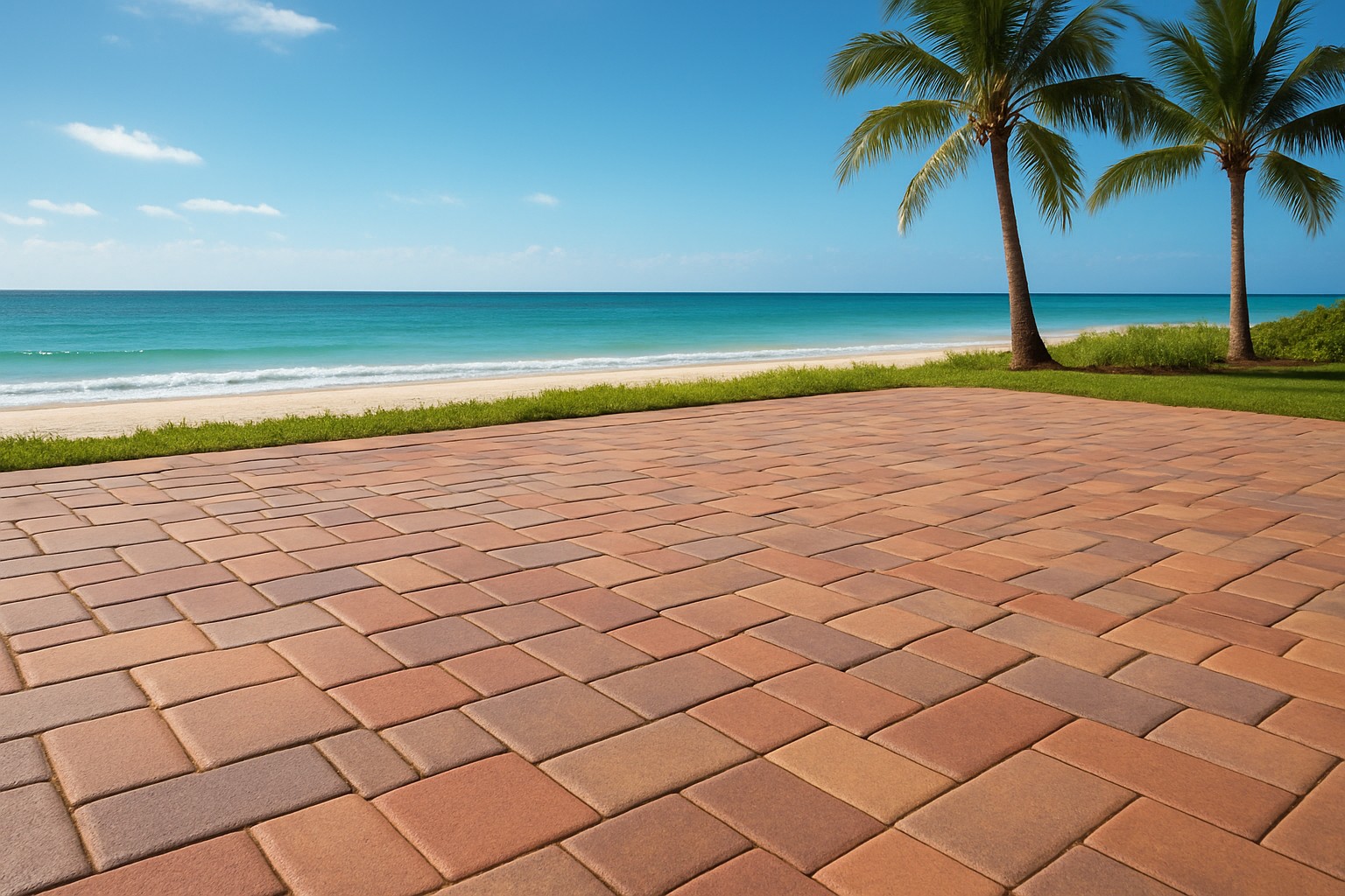 A close-up of beautifully sealed pavers against a coastal backdrop, highlighting the contrast between the pristine pavers and the natural seaside environment.