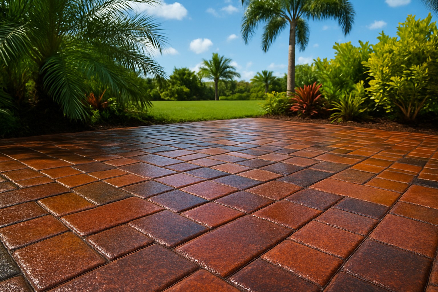 Vibrant, freshly sealed pavers under the Florida sun with lush tropical landscaping
