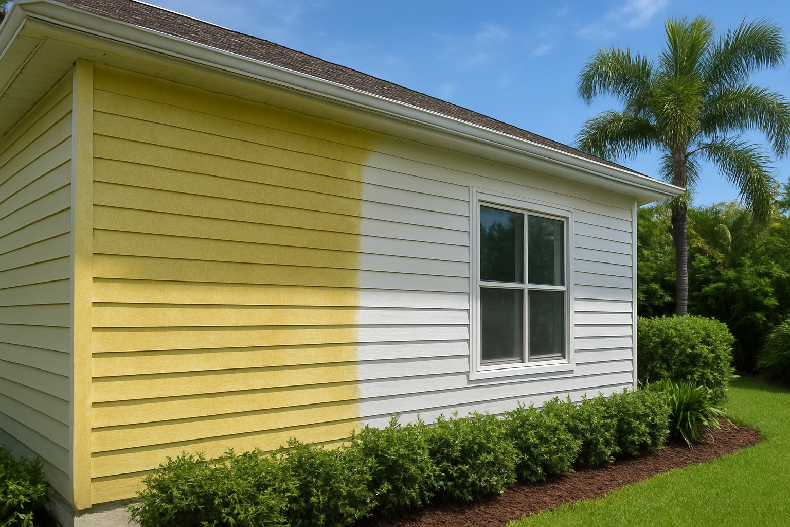 A house exterior in Estero with visible pollen accumulation and a clean section showing the contrast after pressure washing.