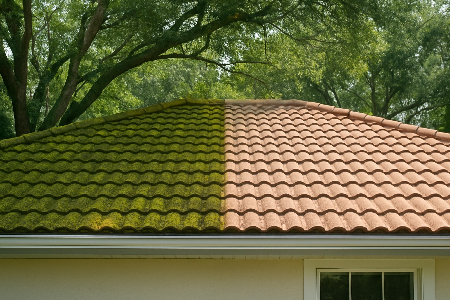 A residential roof partially shaded by large trees, showing a side-by-side comparison: one half covered in green moss and the other half clean and well-maintained, illustrating the before and after effects of professional roof cleaning in a humid climate setting.