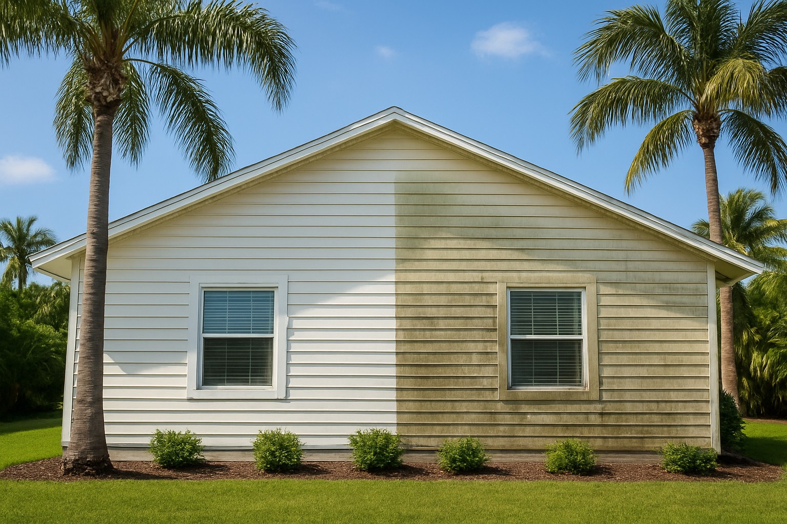 A house in Fort Myers with one side showing clean siding and the other side with noticeable dirt and algae stains.