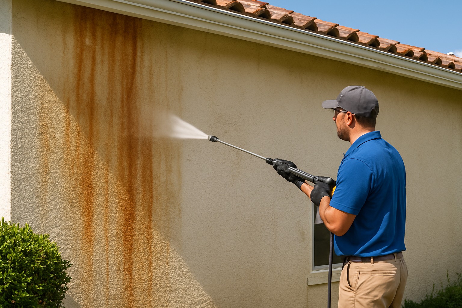 A professional technician using pressure washing equipment to remove rust stains from a house exterior in Bonita Springs.