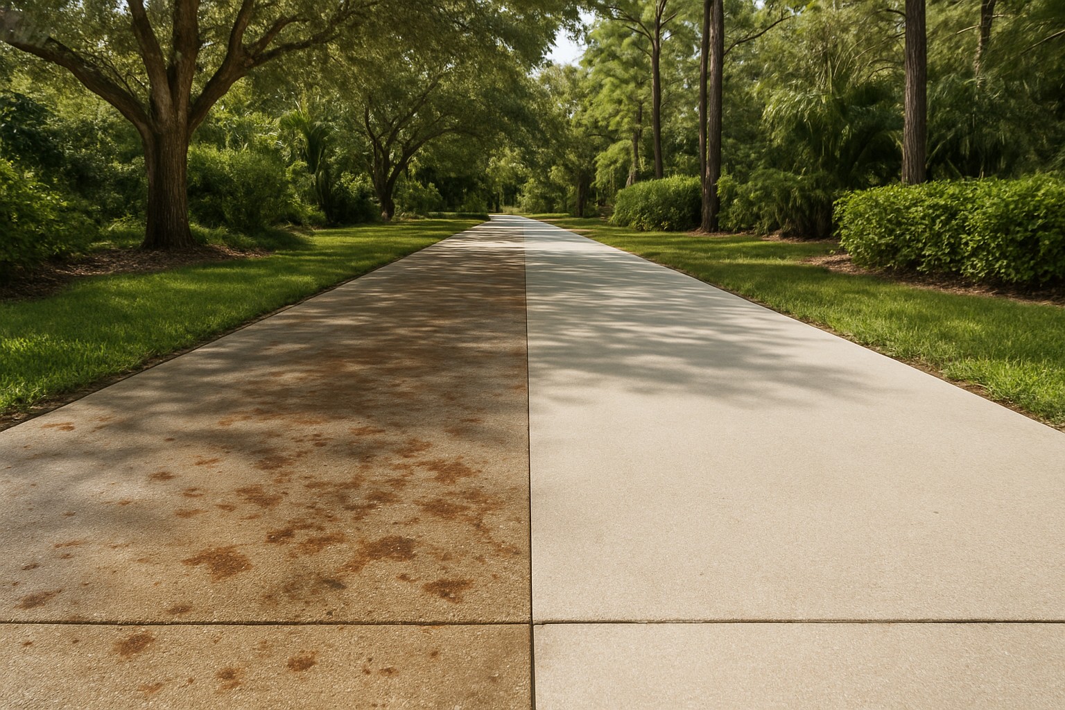 Driveway in Naples with visible tree sap stains and lush greenery in the background.