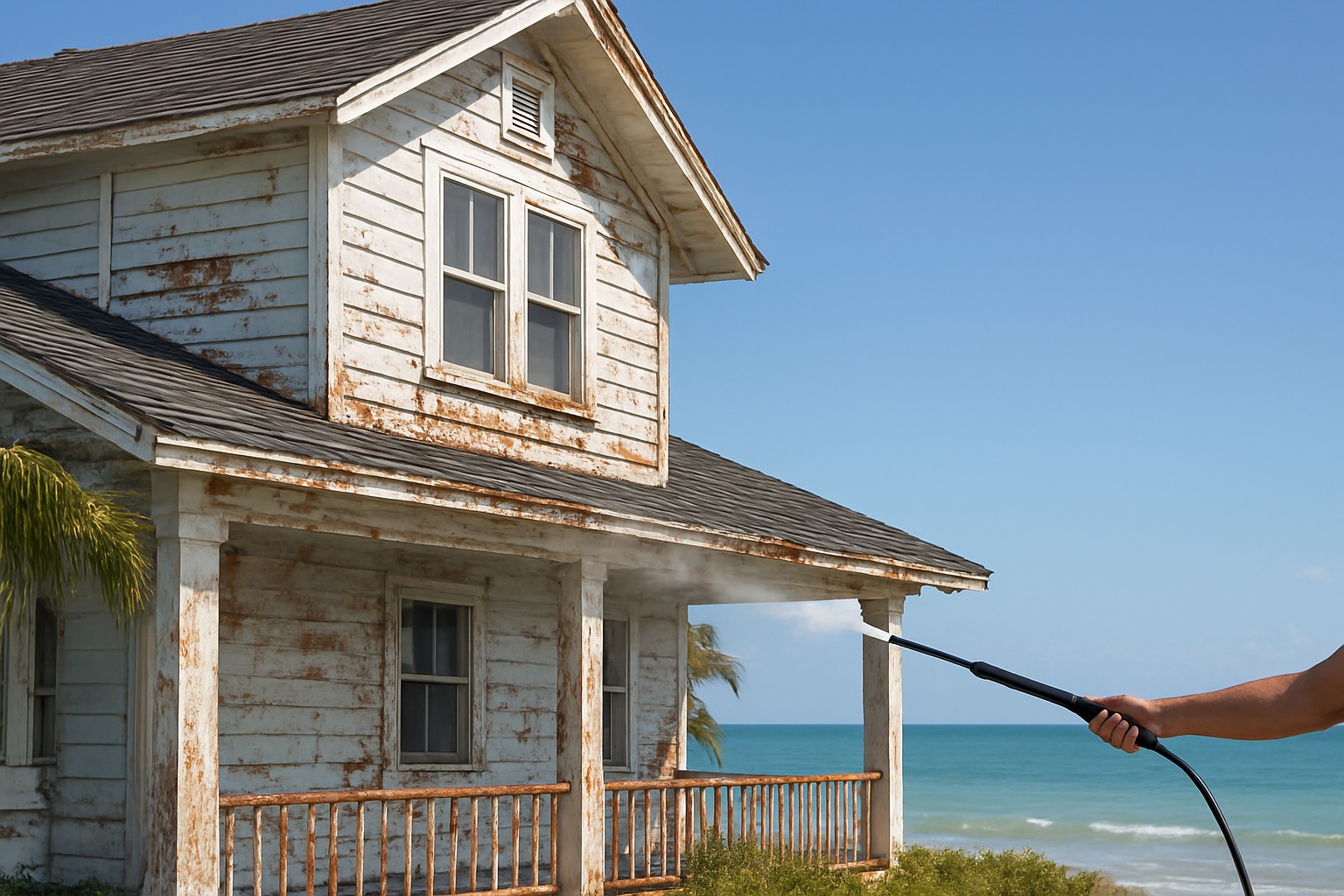A Naples home exterior showing visible salt air damage with ocean in the background