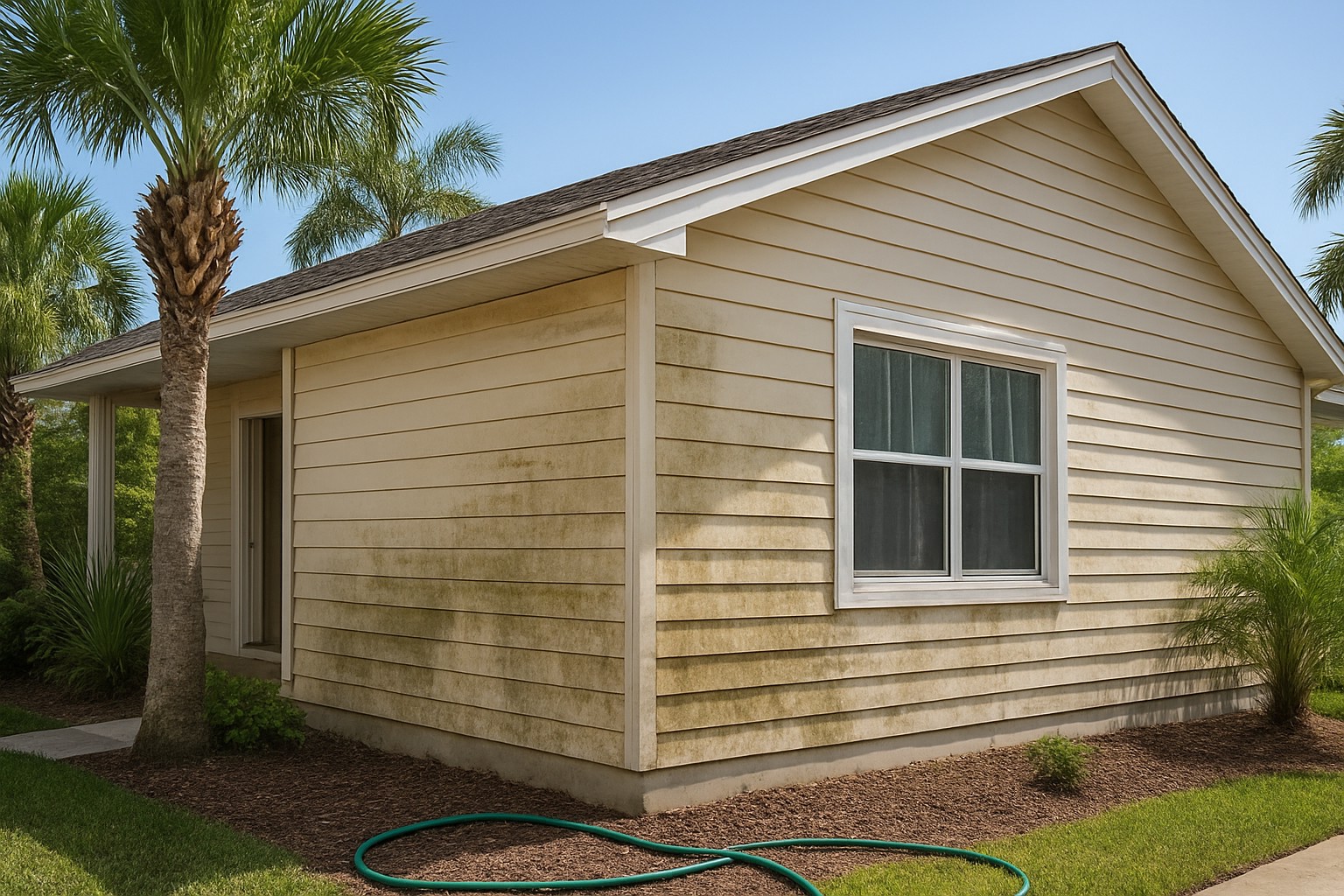 A Southwest Florida house exterior with visible mildew and dirt on the siding, surrounded by tropical palm trees and a clear sky.